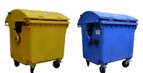 2 large yellow and blue containers